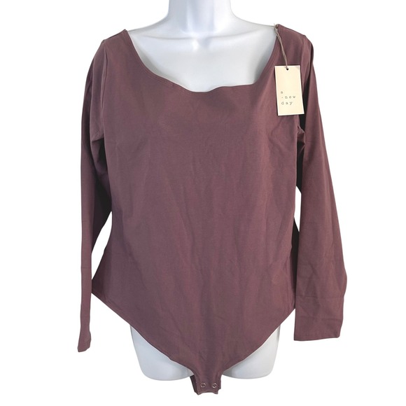 a new day Tops - NEW A New Day Womens Long Sleeve Square Neck Bodysuit Mauve Plum XL Minimalist